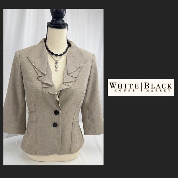 White House Black Market Ruffle Collar Blazer –Fitted - Taupe Beige - Size 6 - Picture 2 of 6